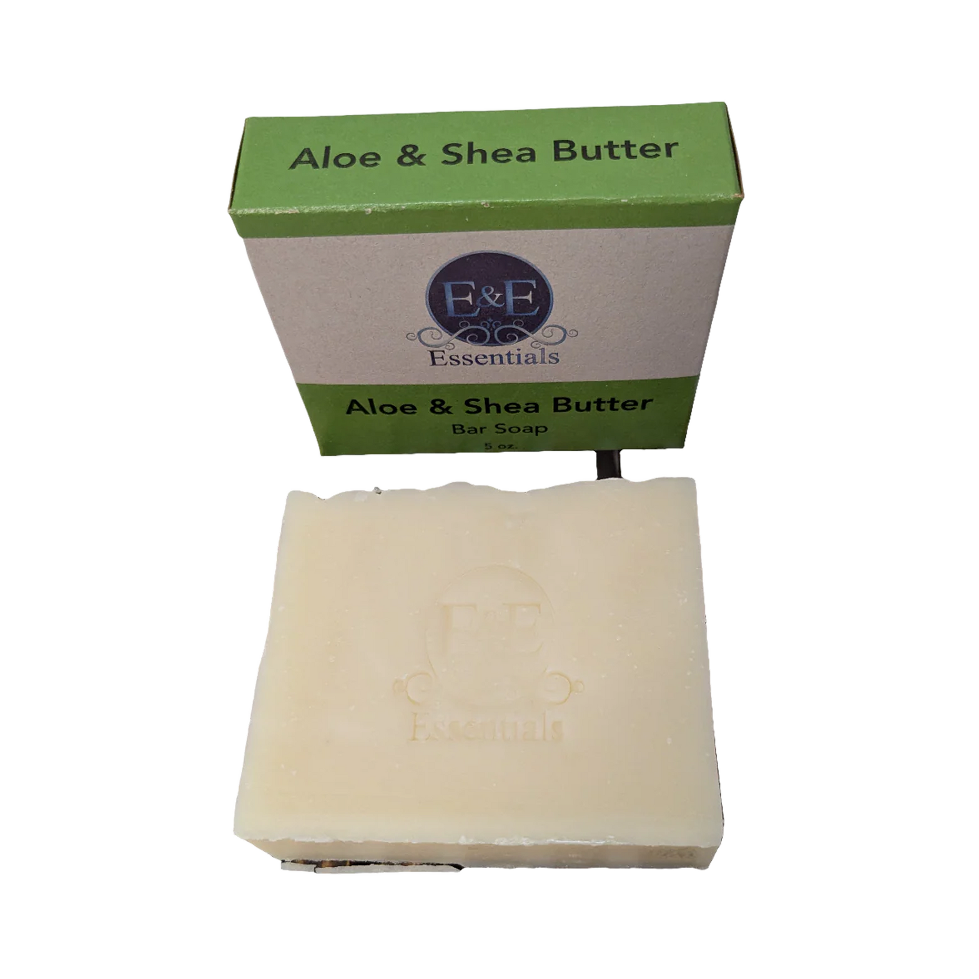 Bar of soap with a green box labeled 'Aloe & Shea Butter' on a white background