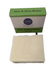 Bar of soap with a green box labeled 'Aloe & Shea Butter' on a white background