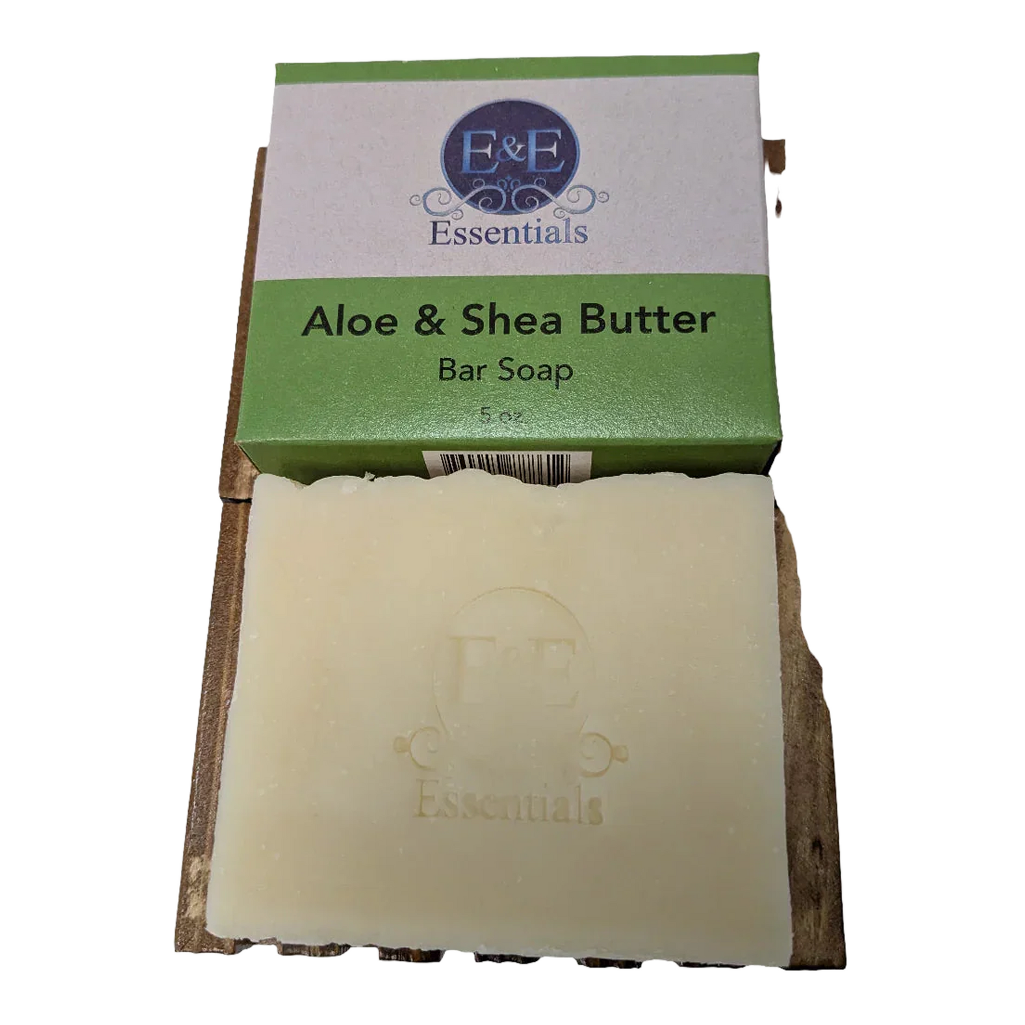 Bar of soap with a green and white box labeled 'E&E Essentials Aloe & Shea Butter Bar Soap' on a white background.