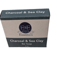 Charcoal & Sea Clay Bar Soap with E & E Essentials box, Black-owned natural skincare packaging.