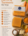 Carrot & Turmeric Bar Soap with ingredients and benefits displayed on a light background