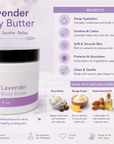 Lavender body butter container with benefits and ingredients listed on a white background