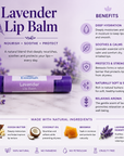 Lavender lip balm packaging with benefits and ingredients listed on a purple background.
