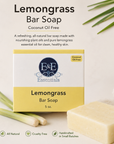 Lemongrass bar soap packaging with ingredients list and benefits on a white background
