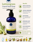 Lemongrass liquid hand soap bottle with label detailing benefits and ingredients on a light background.