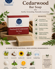 Patchouli & Cedarwood Bar Soap packaging with ingredients and benefits listed.