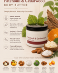 Patchouli & Cedarwood body butter with ingredients and benefits on a natural background