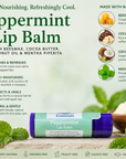Peppermint lip balm packaging with natural ingredients listed on a green background
