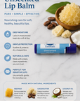 Unscented lip balm packaging with natural ingredients on a marble background