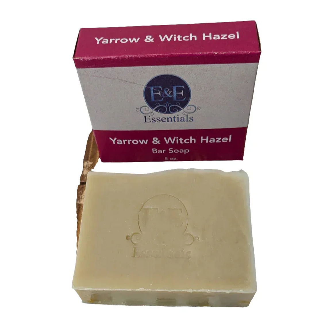 Bar of soap with a box labeled 'Yarrow & Witch Hazel' by E&E Essentials on a white background.