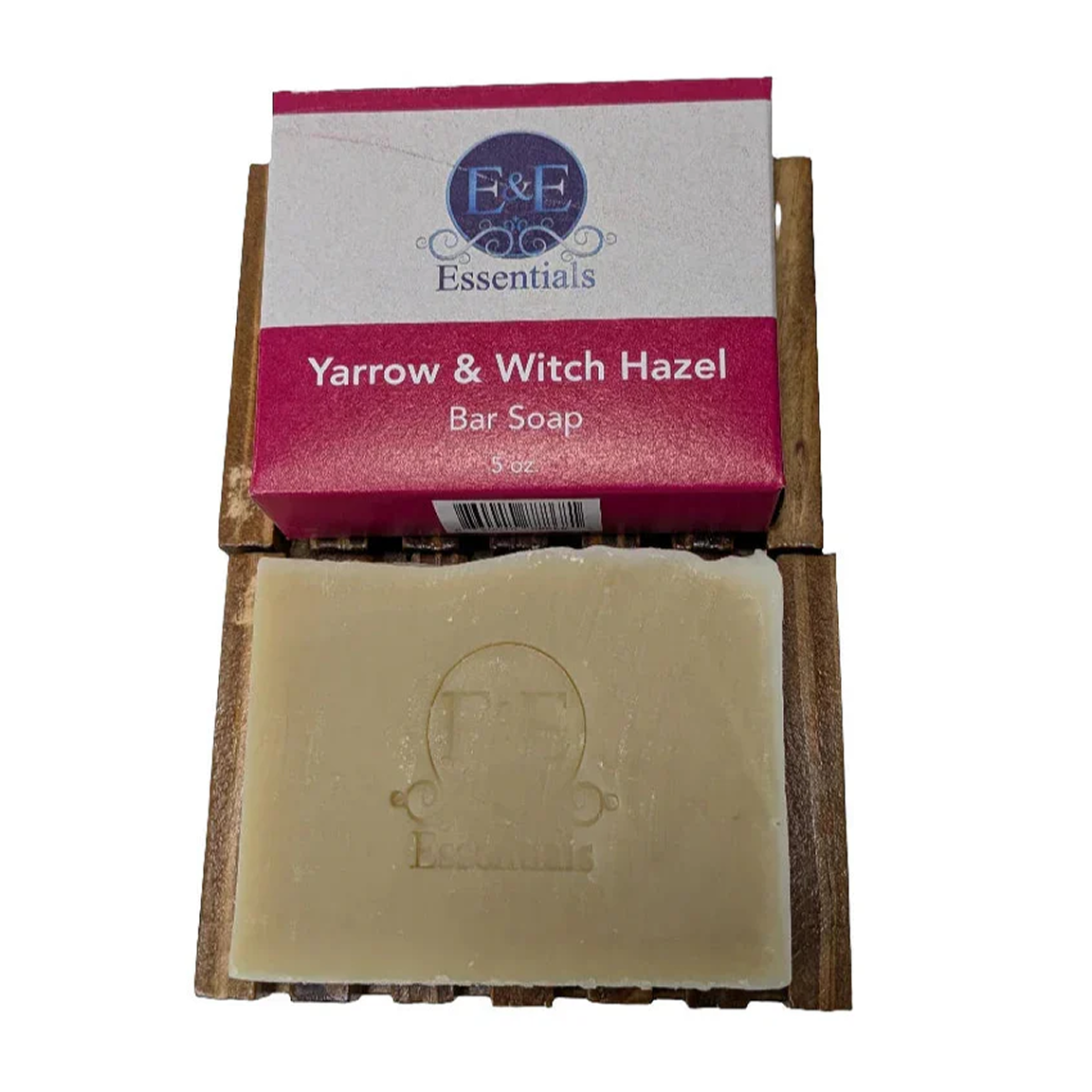 Bar of soap with packaging labeled 'Yarrow & Witch Hazel' on a white background
