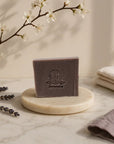 Handmade Lavender Bar Soap on a marble dish with lavender sprigs