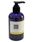 Lemongrass Liquid Hand Soap blue bottle with QR code label and pump dispenser on white background