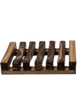 Slatted wooden soap dish for keeping bar soap dry, shown with minimalist bathroom decor