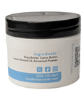 Unscented body butter container with ingredients listed, ideal for sensitive and dry skin, providing deep hydration.