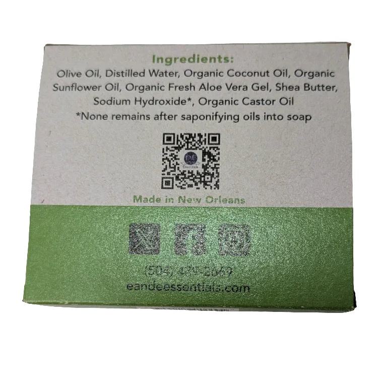 Aloe & Shea Butter Bar Soap packaging with natural ingredients list focusing on hydration and sensitive skin care.