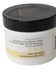 Whipped vanilla body butter jar with list of natural ingredients, providing deep hydration.