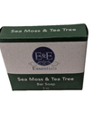 Sea Moss & Tea Tree Bar Soap in green and beige packaging, promotes clear skin and hydration.
