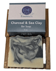 Charcoal and Sea Clay Soap bar on wooden dish for deep cleansing and fresh skin