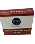 Patchouli & Cedarwood Bar Soap packaging with moisturizing benefits for dry sensitive skin.