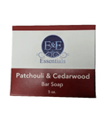 Patchouli & Cedarwood bar soap packaging with moisturizing benefits for dry, sensitive skin.