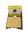 Lemongrass Bar Soap on wooden tray, perfect for sensitive skin, with packaging.