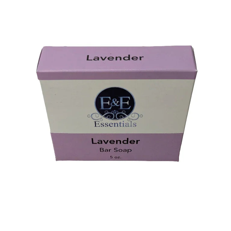 Lavender bar soap box with calming aroma, infused with premium essential oils, offers stress relief and nourishment.