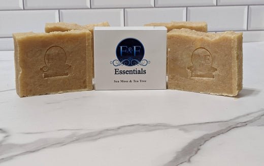 Sea Moss & Tea Tree Soap displayed on a marble surface, showcasing its natural and organic formulation ideal for skincare.
