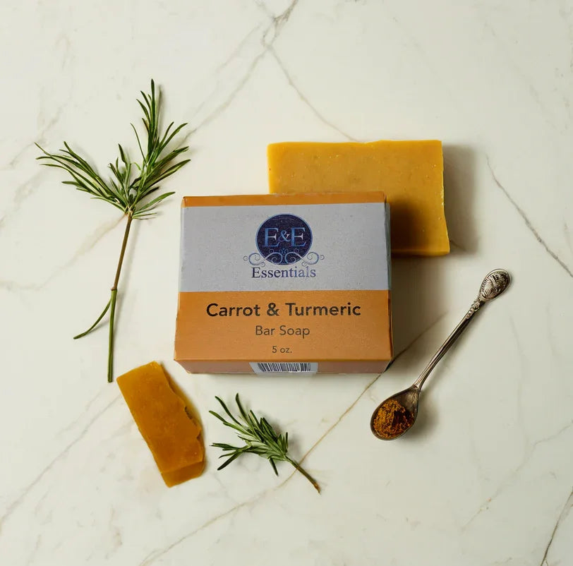 Carrot and turmeric bar soap with rosemary and turmeric powder for acne and dark spot treatment