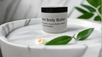 Unscented body butter in a jar displayed on a marble surface