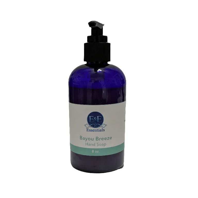 Bayou Breeze vegan hand soap bottle close-up showing natural essential oil ingredients