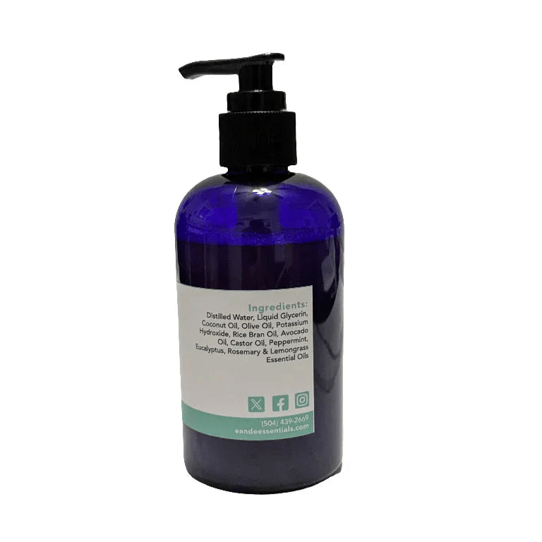 Bayou Breeze natural hand soap display highlighting plant-based oils and refreshing scent