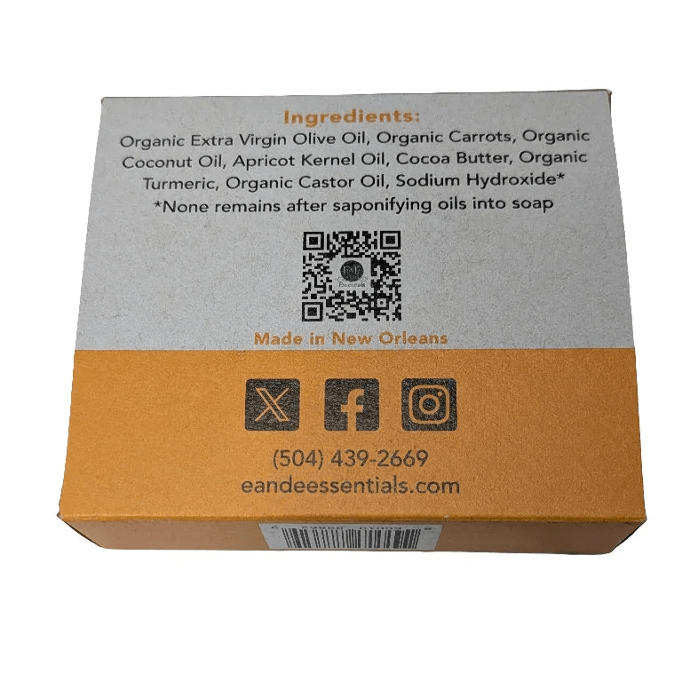 Carrot &amp; Turmeric Bar Soap package displaying natural ingredient list and brand contact info