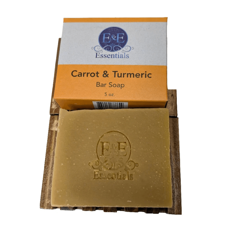 Carrot &amp; Turmeric Bar Soap with white background and box, premium Black-owned skincare