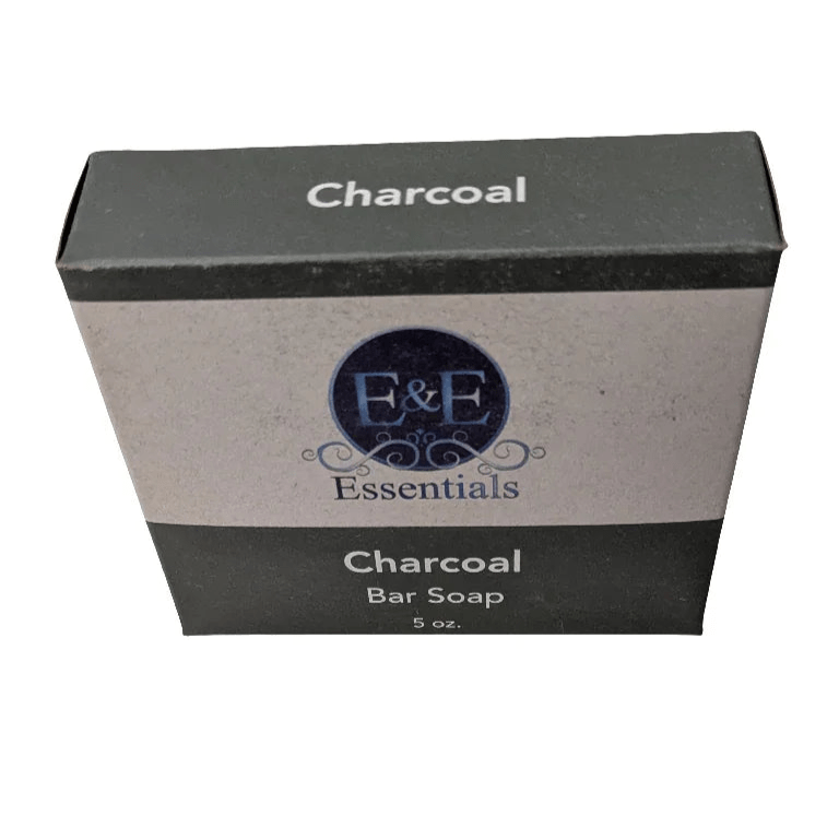 Charcoal soap bar package with E &amp; E Essentials branding and Black-owned skincare label