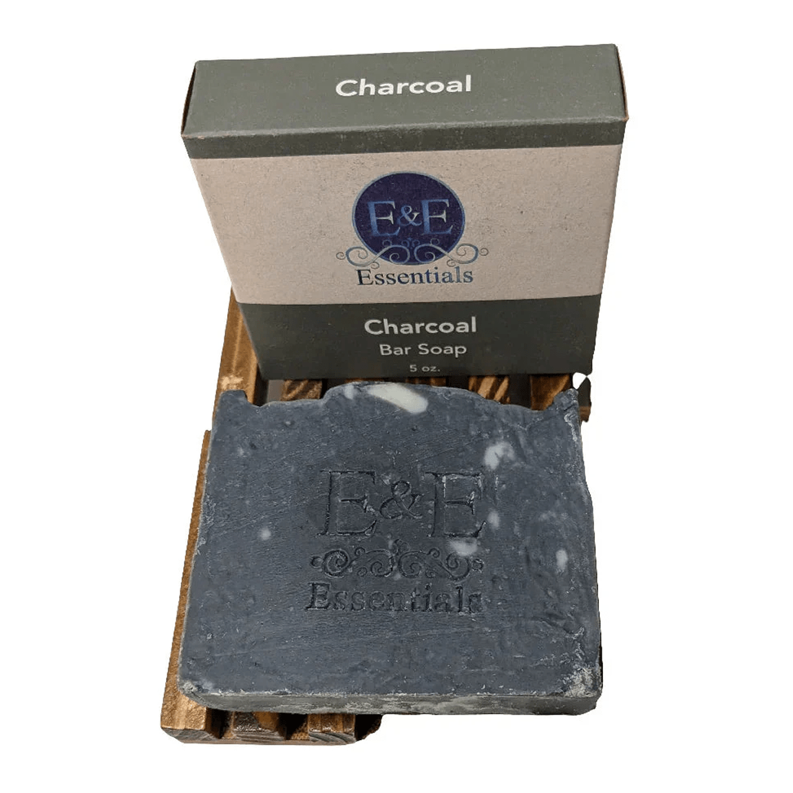 Charcoal bar soap with E &amp; E Essentials label on white background, cold process detox cleanser