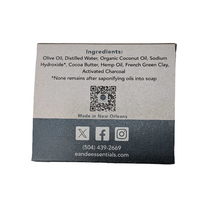 Charcoal &amp; Sea Clay Bar Soap ingredient list on box, vegan and cruelty-free natural skincare bar.