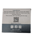 Charcoal & Sea Clay Bar Soap ingredient list on box, vegan and cruelty-free natural skincare bar.