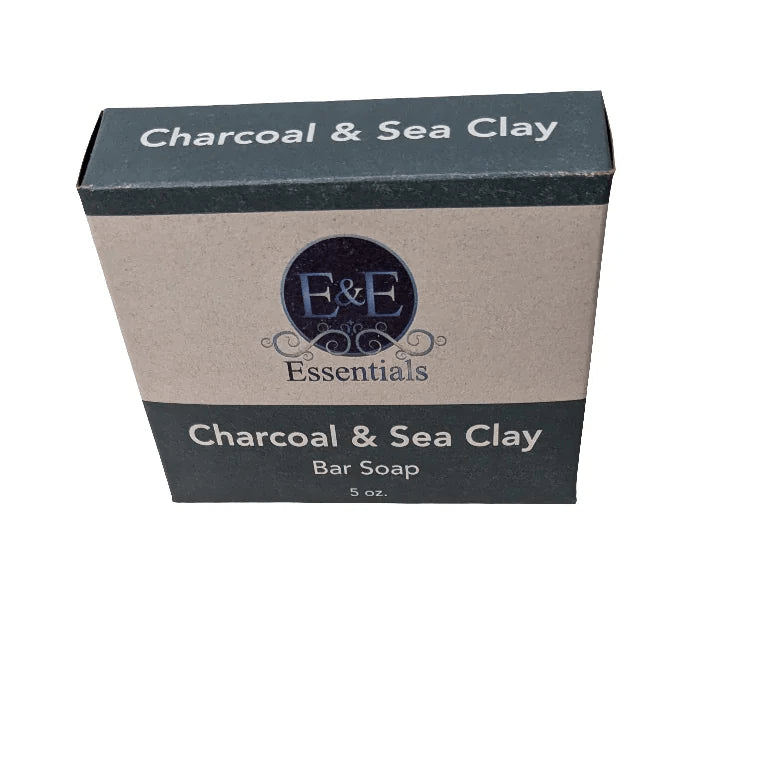 Charcoal &amp; Sea Clay Bar Soap with E &amp; E Essentials box, Black-owned natural skincare packaging.