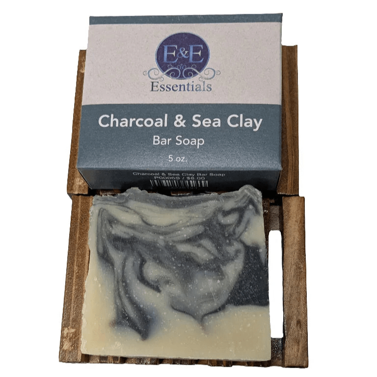 Charcoal &amp; Sea Clay Bar Soap on dish, deep cleansing facial and body bar with activated charcoal and clay.