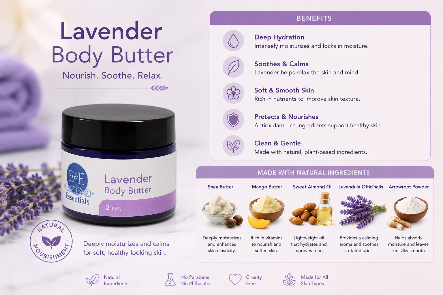 Lavender Body Butter jar by E&E Essentials on a purple promotional background with product benefits and natural ingredients listed. The jar is blue with a lavender label, and lavender flowers are shown around it.
