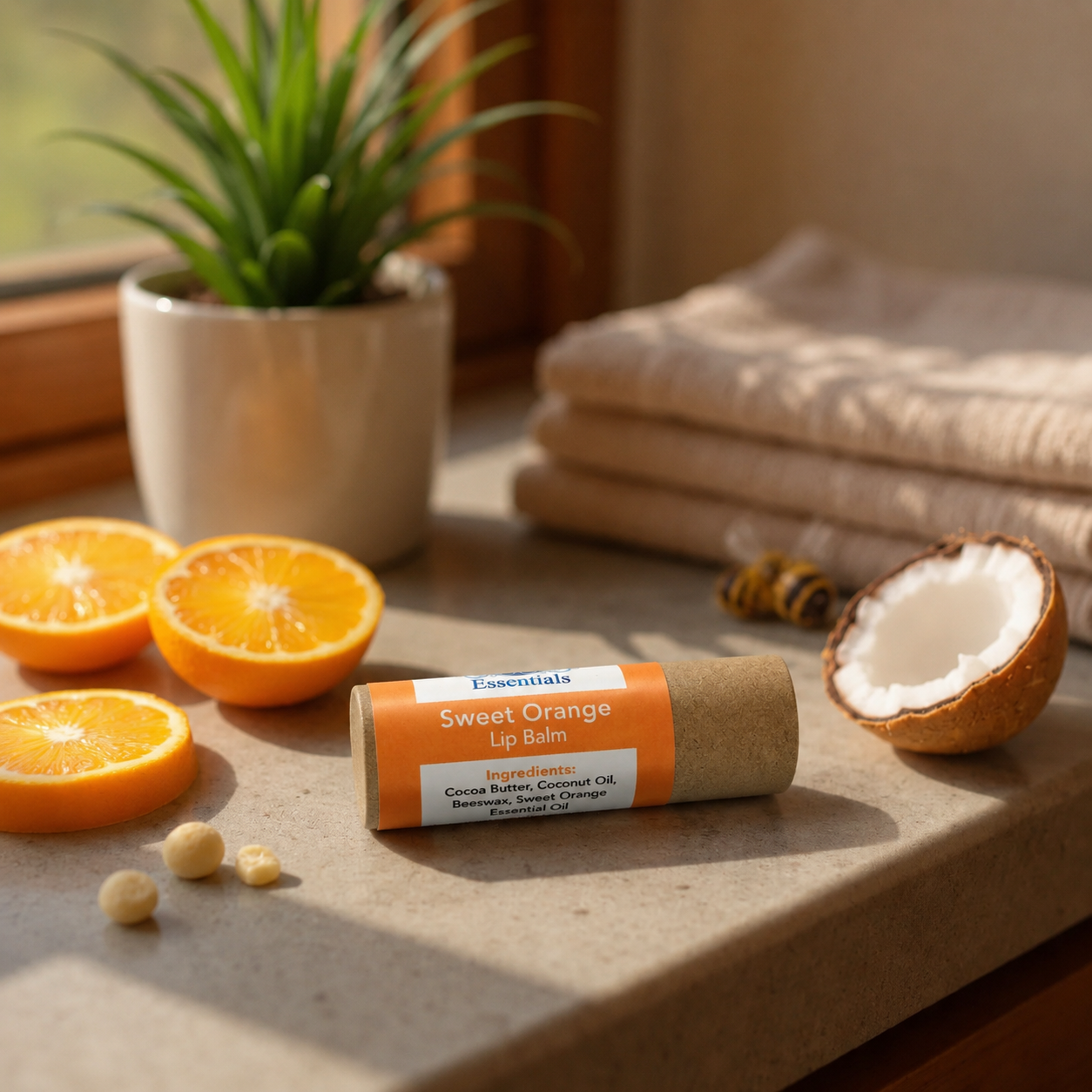 Sweet Orange Lip Balm tube with orange slices and coconut, natural hydrating lip moisturizer for dry lips