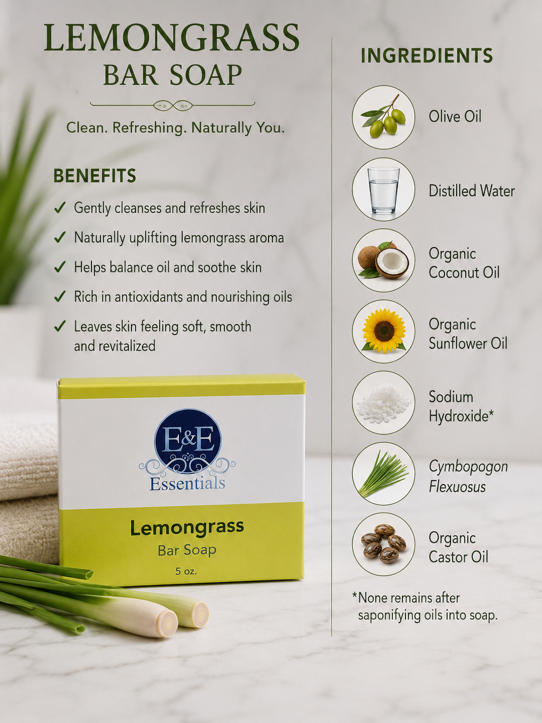 Lemongrass bar soap packaging with ingredients list on a neutral background