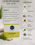 Lemongrass bar soap packaging with ingredients list on a neutral background