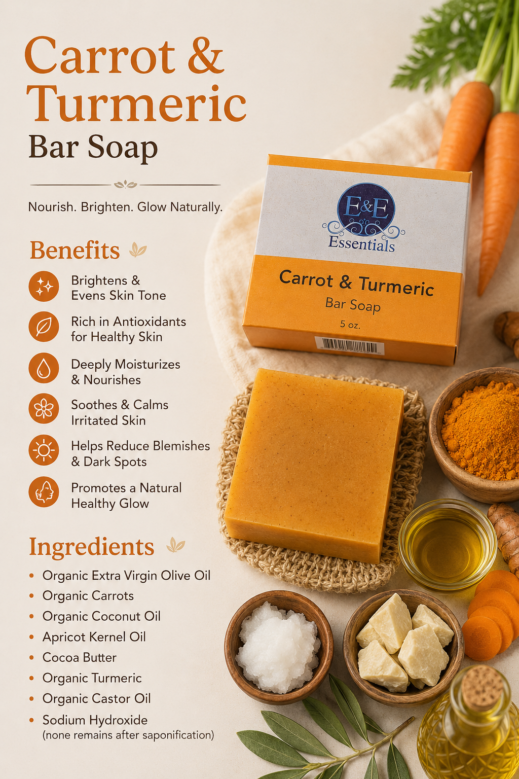 Carrot & Turmeric Bar Soap with ingredients and benefits displayed on a light background