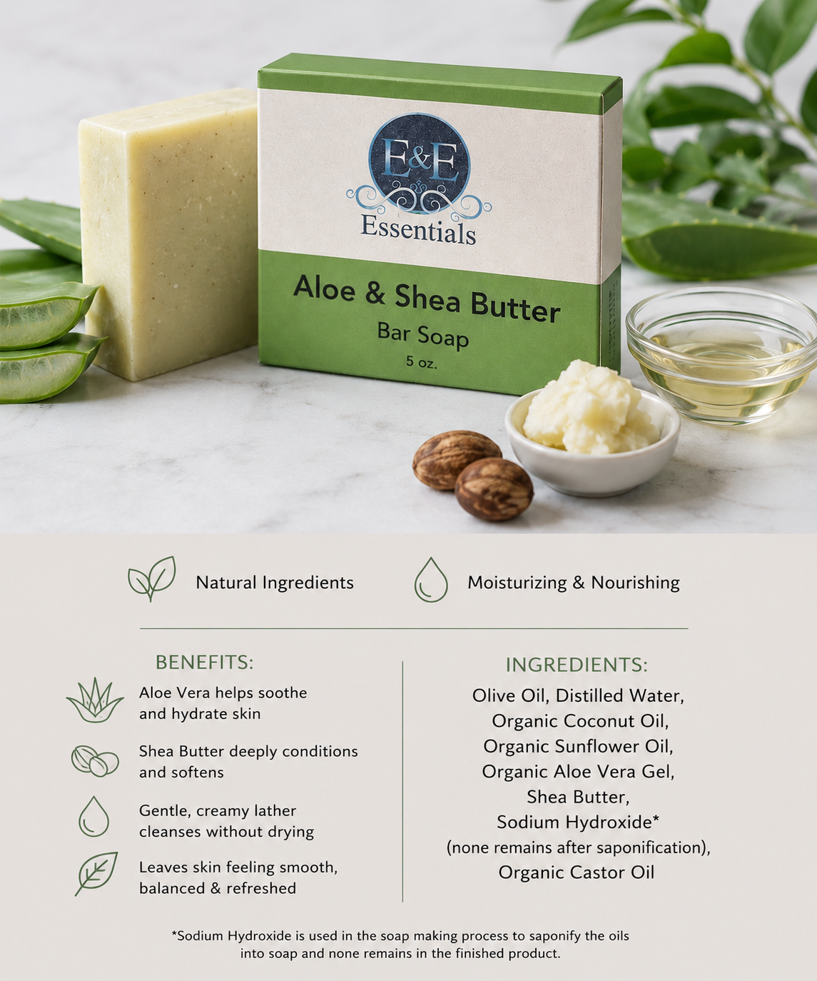 E & E Essentials Aloe & Shea Butter Bar Soap with ingredients and benefits displayed.