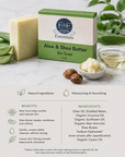 E & E Essentials Aloe & Shea Butter Bar Soap with ingredients and benefits displayed.