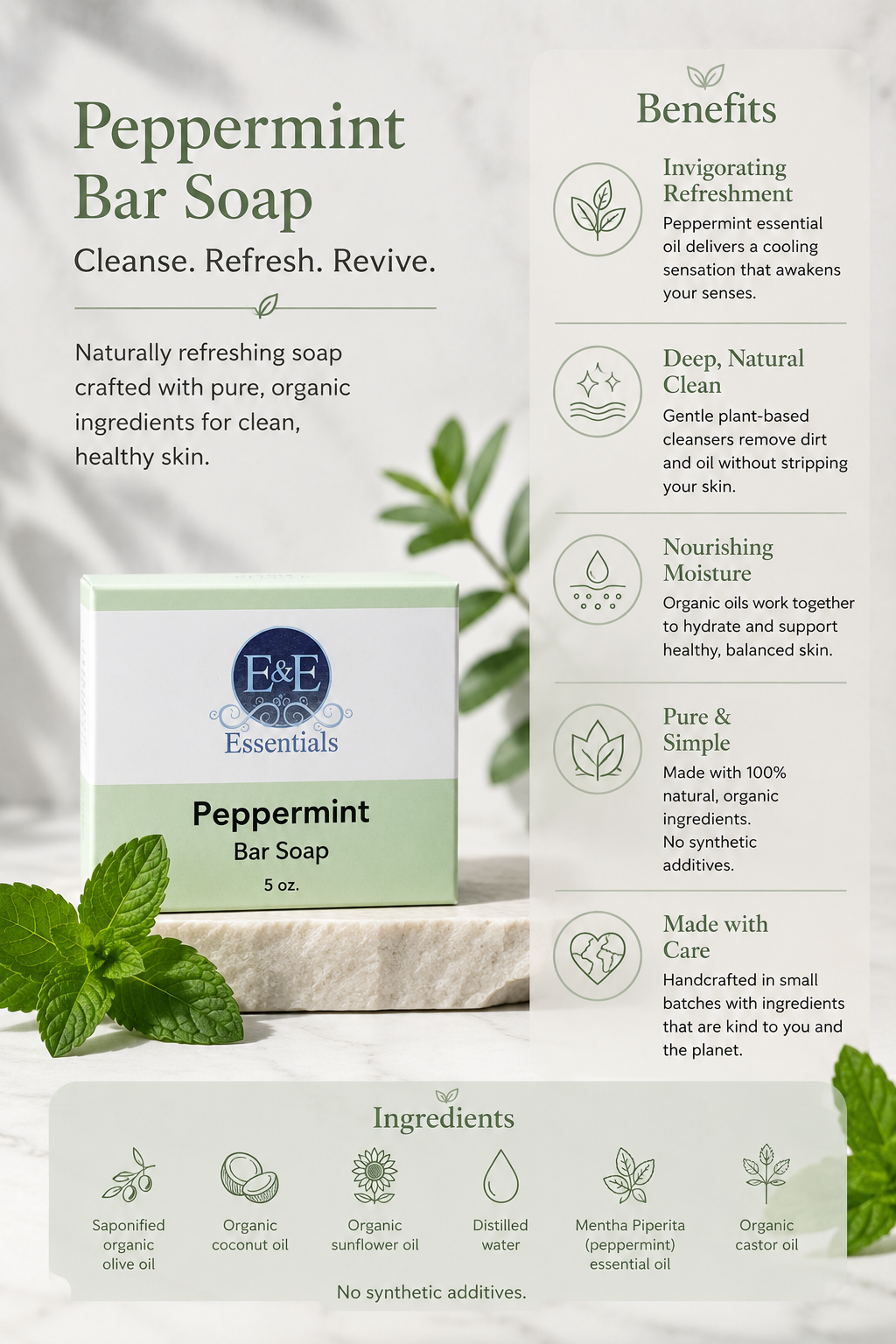 Peppermint bar soap packaging with benefits, ingredients, and branding information on a white background.