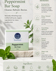 Peppermint bar soap packaging with benefits, ingredients, and branding information on a white background.