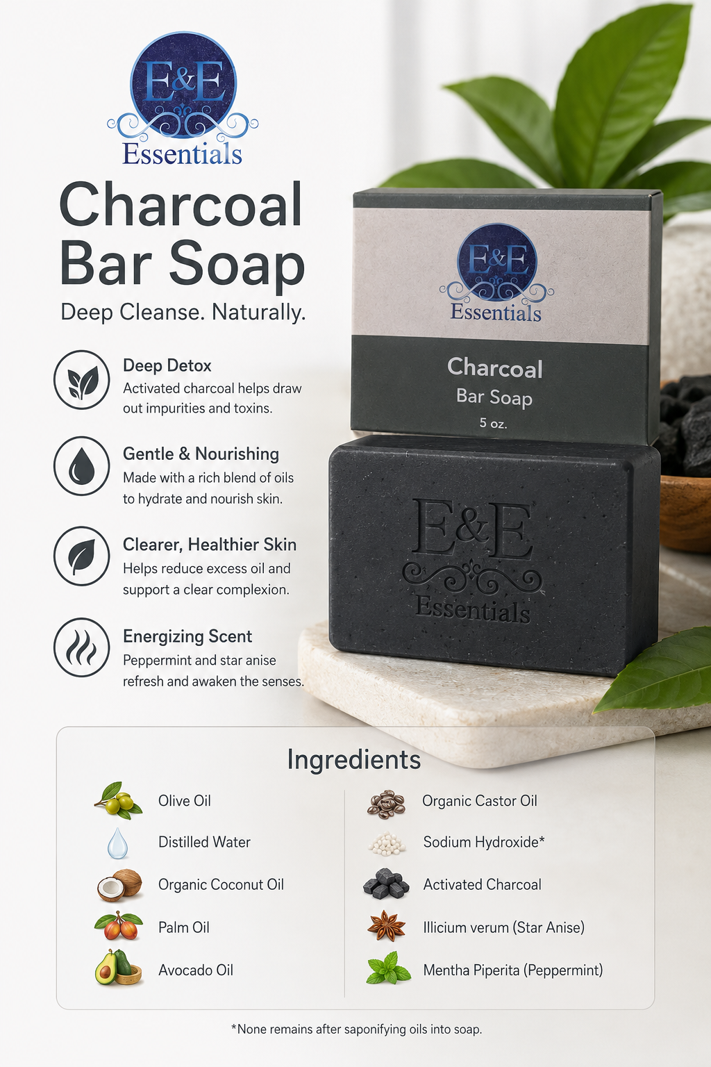 E & E Essentials Charcoal Bar Soap with ingredients list on a light background